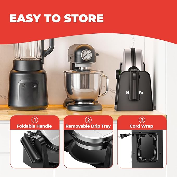Waffle Maker, Rotating Belgian Waffle Maker, 180° Flip Waffle Iron, Non-Stick Plate, Adjustable Browning Control, Foldable Cool Touch Handle, Removable Drip Tray, Space Saving Storage, Stainless Steel