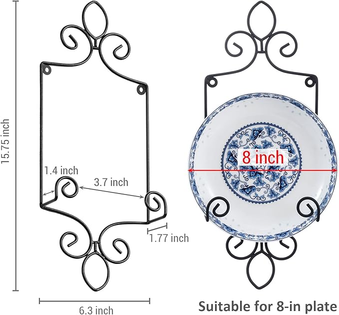 MyGift Wall-Mounted Vertical Single Plate Holder Rack with Vintage Black Metal Decorative Scrollwork Design, Holds Plates Up To 8 Inches