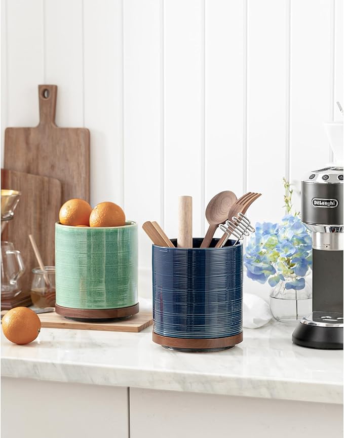 Utensil Holder, 360° Rotating Extra Large Ceramic Kitchen Utensil Holder for Countertop, 7.3“ Cooking Utensil Crocks for Kitchen Counter with Rotatable Wooden Base, Farmhouse Decor, Dark Blue