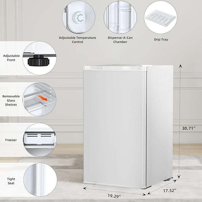 Antarctic Star 3.2 Cu.Ft.Compact Refrigerator with Freezer, Mini Fridge Single Door with Adjustable Thermostat,Removable Glass Shelves for Apartment,Dorm,Office,Kitchen，WHITE