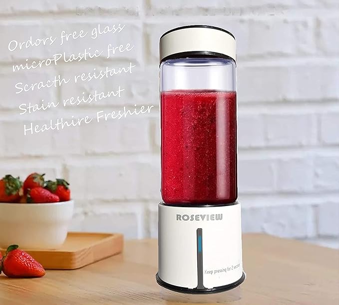 Portable Smoothie Blender ROSEVIEW Glass Cordless Mini Shakes Cup blend for smoothies USB rechargeable juicer 2 battery Handheld Personal travel Jet mixer (Black Steel) (White)