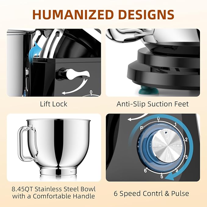 Dough Mixer 8.45 QT Electric Mixer - 660W 6 Speed Large Capacity Kitchen Stand Mixer with Whisk Dough Hook Mixing Beater Household Food Mixer for Baking Cakes Cookie Bread Salad
