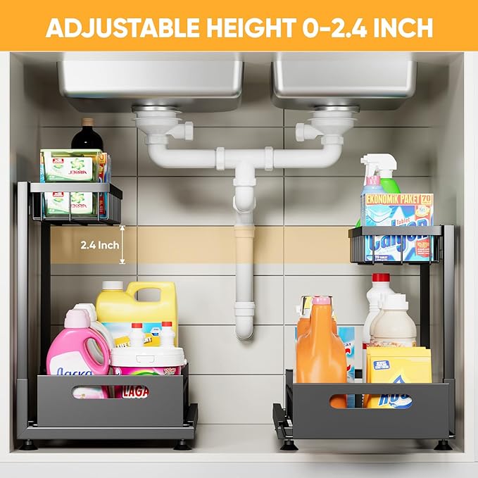 Saydear Under Sink Organizer Storage 2-Tier Premium Metal Pull-Out Kitchen Cabinet Organizer with Sliding Drawer, Height Adjustable, Heavy Duty for Kitchen & Bathroom Organizers 2 Pack Black
