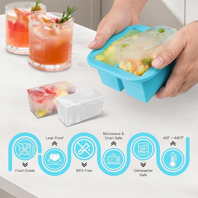 Silicone Freezer Tray with Lid 4 Pack Silicone Freezer Molds Ice Cube Tray Makes 8 Perfect 1 Cup Portions Soup Cubes Meal Prep Containers- Oven & Dishwasher Safe