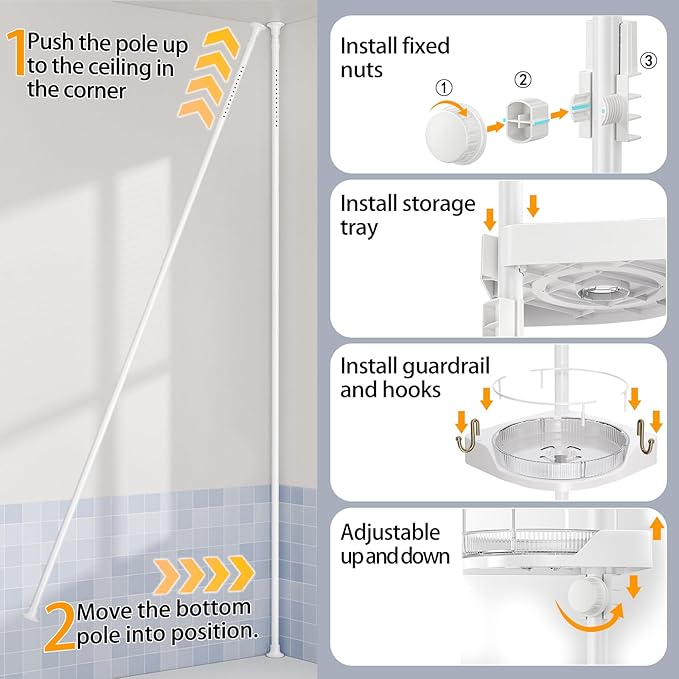 shuang qing 360° Rotating Corner Shower Caddy Tension Pole Organizer - 4-Tier Adjustable Rustproof Metal Pole, Plastic Shelves with Safety Guardrail, Bathroom Storage for Shower & Bathtub(White)