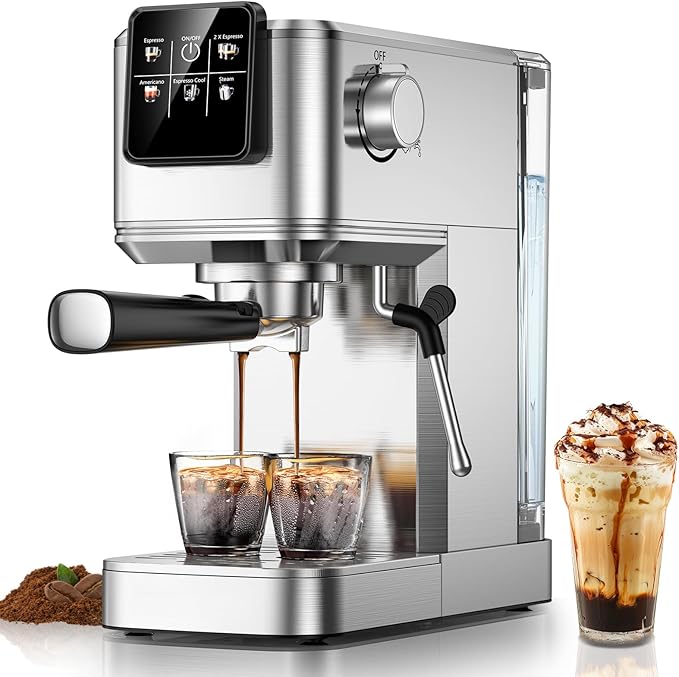 Espresso Machine 20 Bar with Touch Screen, Hot & Iced Coffee Makers, Stainless Steel Espresso Maker with Rapid Cold Brew & Milk Frother Steam Wand, with Water Tank for Latte, Cappuccino, Gift