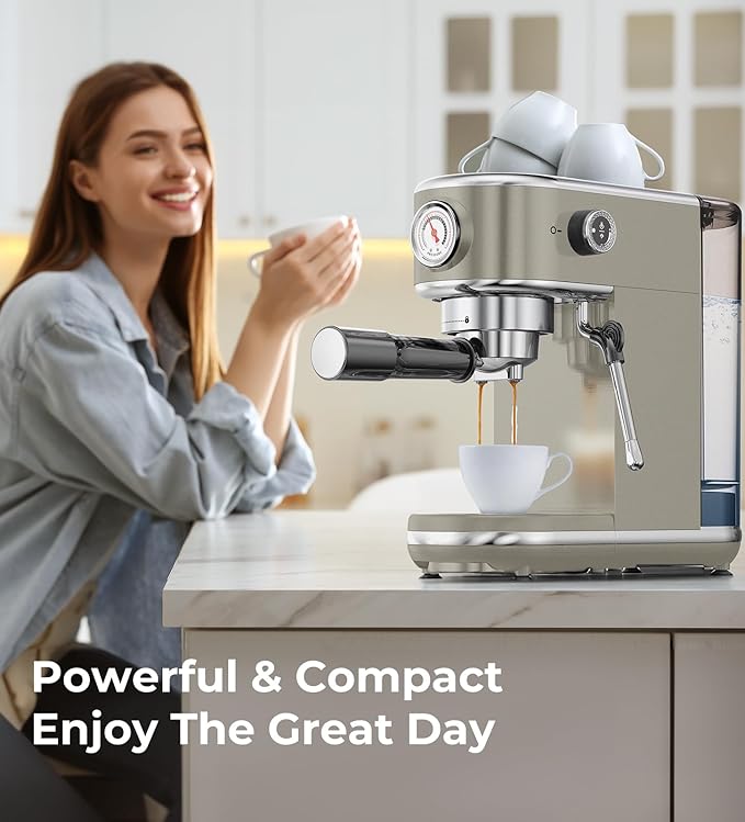 atatix 20 Bar Espresso Machine with Milk Frother, Compact Espresso Maker, Stainless Steel Coffee Machine with Precise Temp Control & 44oz Removable Water Tank for Latte, Cappuccino, Light Grey