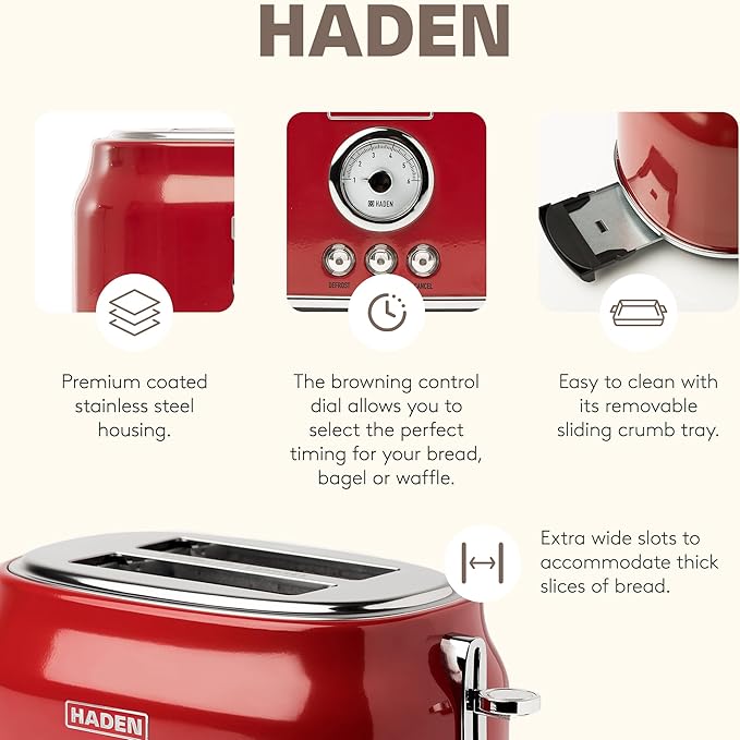 Haden Dorset Wide Slot Stainless Steel 2 Slice Retro Toaster and Dorset 1.7 Liter Stainless Steel Electric Water Kettle, Red