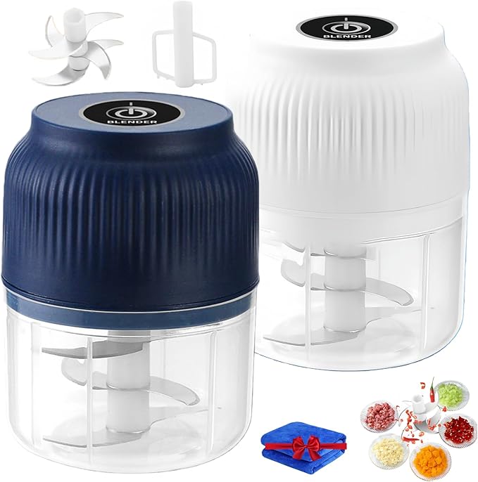 300ML USB Rechargeable Electric Garlic Chopper, Mini Portable Veggie Cutter with Eggbeater&4/6 Knife Heads, Veggie Chopper with Container and Lid, Vegetable Crusher (B)