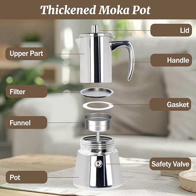 2 Cup Thickened Moka Pot 304 Stainless Steel 100ml Italian Espresso Coffee Maker Stovetop CoffeeMakers Mocha Pot Percolator for Induction Stove Classic Cafe Makers Portable for Easy Brewing
