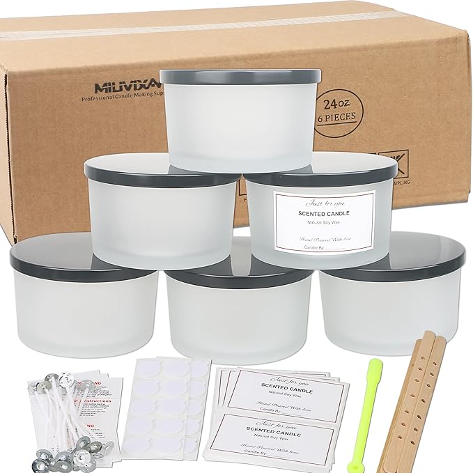 MILIVIXAY 6 Pack 24 oz Candle Jars with Metal Lids and Candle Making Kits - 3 Wick Candle Jar,Bulk Empty Frosted White Thick Glass Jars for Making Large Candles - Spice, Powder Containers