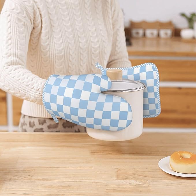 Oven Mitts and Pot Holders Set, Checkerboard Pattern Pastel Blue Silicone Kitchen Accessories 4 Piece Heat Resistant Long Gloves Potholder Non-Slip Grip for Chef Cooking Baking Grilling BBQ