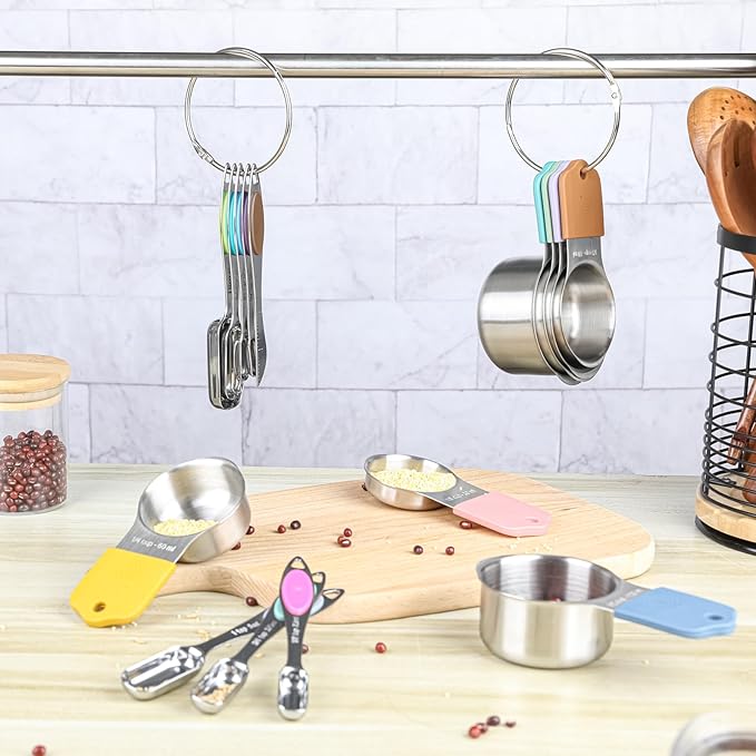 Magnetic Measuring Cups and Spoons Set, 7 Stainless Steel Measuring Cups and 7 Rectangular Metal Teaspoon with 1 Leveler for Cooking & Baking (Colorful)