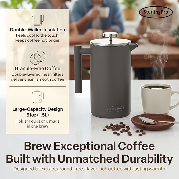 SterlingPro Stainless Steel French Press Coffee Maker 1.5 L (51 oz) Grey – Double Walled Insulated Large Coffee Press, Durable Design Keeps Drinks Hot, Easy to Use and Clean for Rich Flavor Brewing