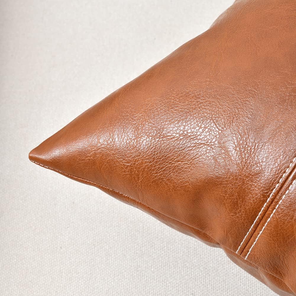 Fancy Homi Brown Boho Long Lumbar Faux Leather Decorative Throw Pillow Covers 14x24 Inch for Living Room Couch Bed Sofa, Hand Stitched Rectangle Cushion Case, Rustic Modern Farmhouse Home Decor