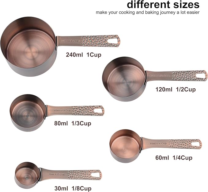 Measuring Cups and Spoons Set 12, Metric & US Copper Measuring Cups and Spoons set for Dry & Liquid, Stainless Steel 5 Measure Cup and 6 Measurf Spoon with 1 Leveler
