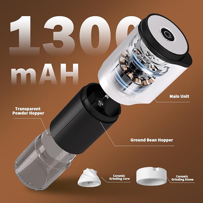 Compact Portable Electric Coffee Grinder,Features a Built-in 1300mAh Rechargeable Battery, Adjustable Grind Settings for Coffee Beans/Grains,Portable Coffee Grinder for Home,Camping and Travel Use