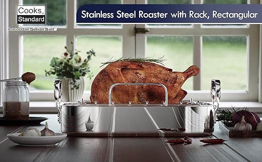 Cooks Standard Stainless Steel Roaster Pan with V-Shaped Rack, Inner 16-Inch x 13-Inch; Edge 17-Inch x 14-Inch; Turkey Roasting Pan Bakeware for Oven, Rectangular