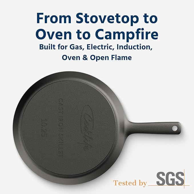 COOKLIFE 10 Inch Lightweight Pre-Seasoned Cast Iron Skillets with Stainless Steel Lid and Handle Cover - Smooth Polished Surface, Easy to Clean Cast Iron Pan Use in the Oven, on the Stove or Grill
