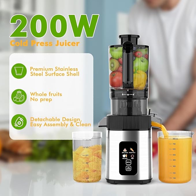 Electactic Slow Juicer Machine with 300W Pure Copper Motor, 4.35-Inch Wide Chute & Reverse Function, Stainless Steel Juicer for Family Daily Use