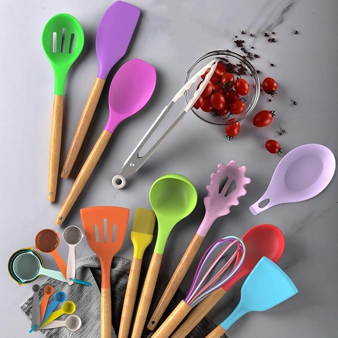 Umite Chef Kitchen Cooking Utensils Set, 33 pcs Non-stick Silicone Cooking Kitchen Utensils Spatula Set with Holder, Wooden Handle Silicone Kitchen Gadgets Utensil Set (Colorful)
