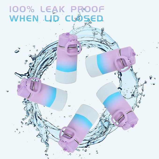Volhoply 14oz KIds Stainless Steel Insulated Leakproof Water Bottle with Straw Lid and Silicone Boot,BPA-Free Easy Use for Boys&Girls,Double Wall Vacuum Bottles(Lavender Blue,1)