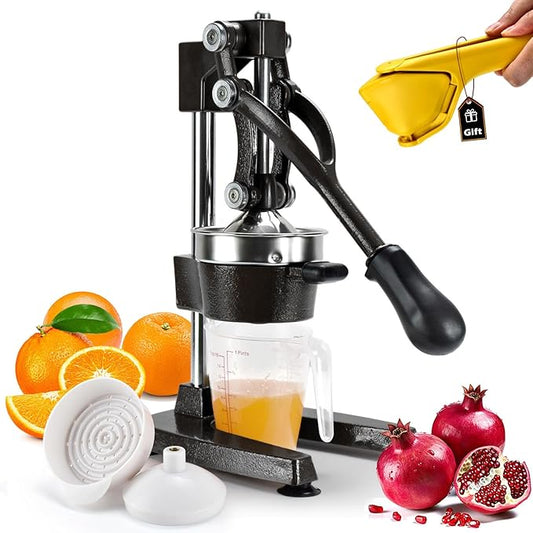 ROEDEER Heavy-Duty Manual Citrus Juicer – Cast Iron Orange Juicer Squeezer, Dual-Die Head, Manual Juicer, Citrus Squeezer, Lemon Juicer Manual & Pomegranate Juicer for Fresh Juice (Black)