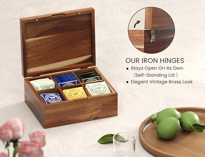 Acacia Wood Tea Bag Organizers, Tea and Sugar Packet Storage Chest with Lid, Wooden Teabag Holder Containers,Storage Box Teabox with 6 Compartments
