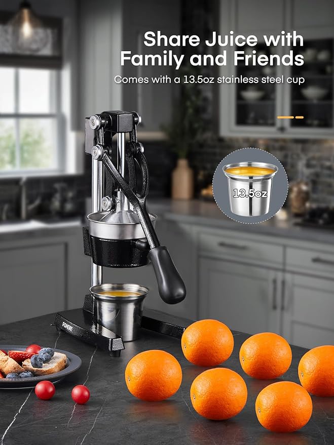 FOHERE Orange Juicer Squeezer, Cast Iron Lemon Squeezer, Commercial Citrus Juicer Hand Press for Orange, Lemon, Pomegranate, Grapefruit, Easy to Clean Citrus Squeezer with a Stainless Steel Cup