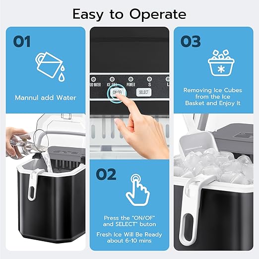 ZAFRO Countertop Ice Maker, 26Lbs/24H, 9 Bullet Cubes in 6 Mins, Self-Cleaning Portable Ice Machine with 2 Ice Sizes (S/L), Quiet Compact Design, Double Handles, for Home, Party, RV, Camping, Black