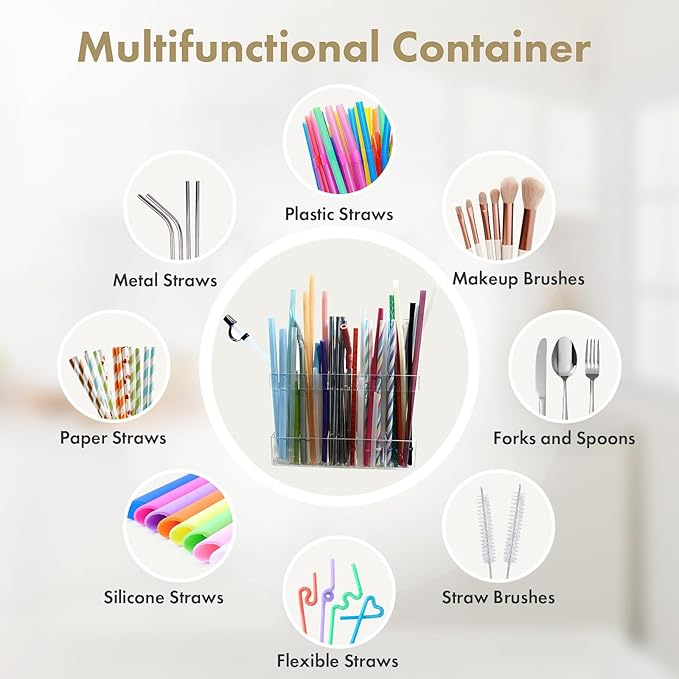 Acrylic Straw Holder for Cabinet Door - Child-Safe Organizer & Dispenser with Smooth Rounded Edges for Kitchen Accessories Storage, Adhesive Circles Included (Clear Transparent)