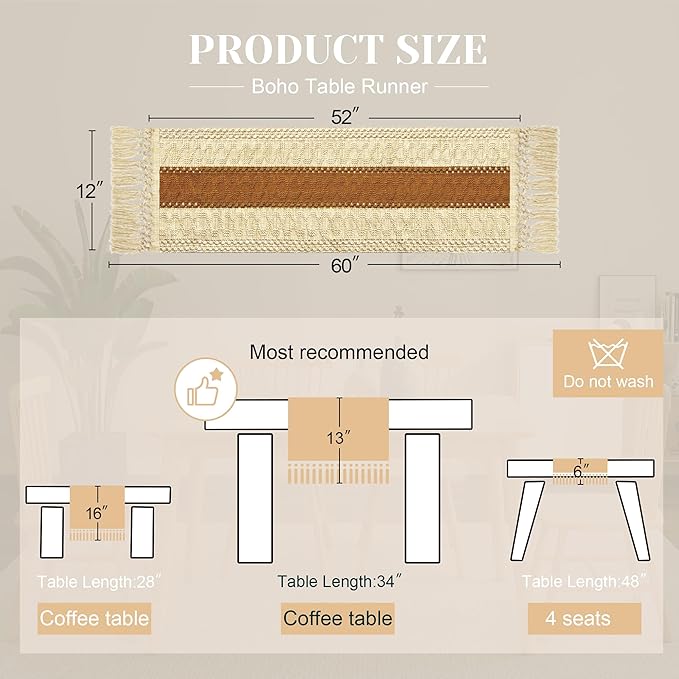 FEXIA Boho Table Runner for Home Decor with Tassels 60 Inches Long,Caramel Farmhouse Rustic Table Runner Macrame Burlap Table Decoration for Living Room Bridal Shower(12x60 Inches)