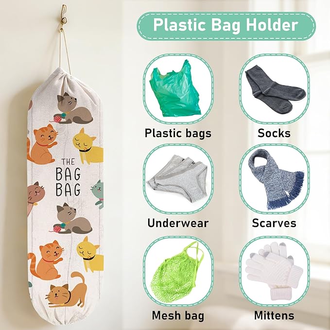 2Pcs Cat Plastic Bag Holder for Kitchen Essentials, Reusable Hanging Grocery Bag Organizer, Washable Large Grocery Trash Bags Storage Dispenser