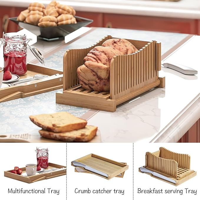 Bread Slicer for Homemade Bread,Cakes, Bagels- Bamboo Bread Slicer with Serrated Knife, Adjustable Guide for 3 Thickness Sizes, Foldable Chopping Board with Crumb Tray& Knife
