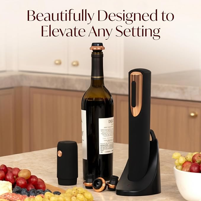 Rechargeable Electric Wine Opener and Electric Wine Preserver with Stoppers Gift Bundle Set (Black & Rose Gold)