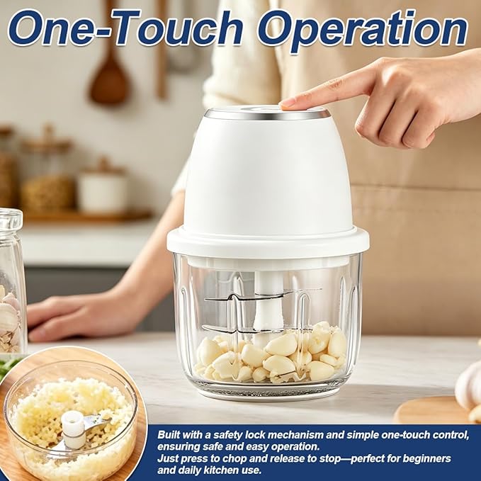 Electric Garlic Chopper, 2026 Upgraded Mini Food Processor 350ml, Cordless USB Rechargeable Food Chopper with 6 Stainless Steel Blades & Thickened Glass for Garlic Ginger Nuts Meat (350ml-White)