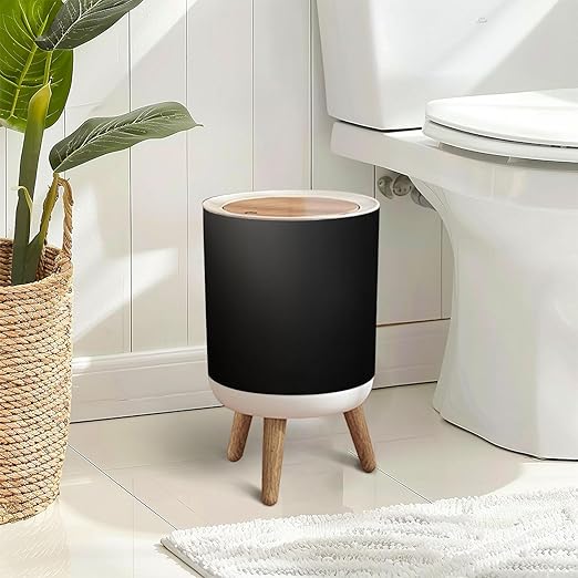 Trash Can with Lid elegant black old chalkboard texture distressed grunge borders soft Press Top Round Small Garbage Bin with Wooden Legs Waste Basket for Kitchen Bedroom Nursery 7L/1.8 Gallon