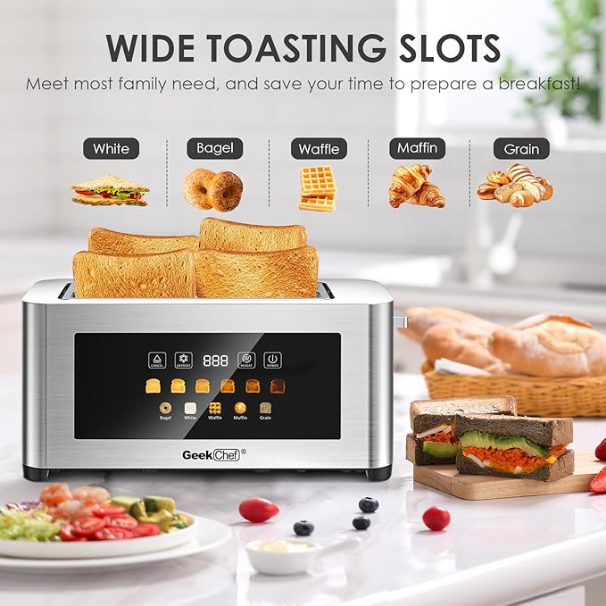 Geek Chef Long Slot Toaster 4 Slice, 1.5" Touch Screen Extra Wide Slots for Bagels & Waffles, 6 Browning Levels, Timer, Reheat, Defrost, Cancel Function, Removable Crumb Tray, Stainless Steel