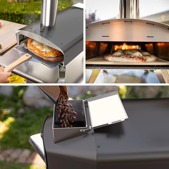 Mimiuo 12" Outdoor Wood Pellet Pizza Oven, 34.8 lbs Heavy Duty Stainless Steel Pizza Stove - 60 Second Pizza, Includes 13" Square Stone Foldable Peel & Cover - Portable for Backyard Camping