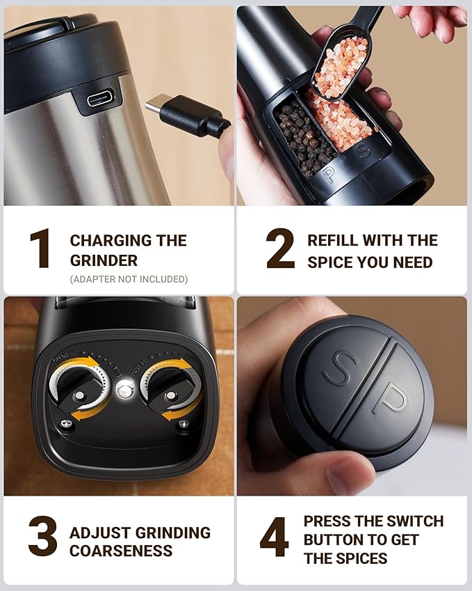 USB Rechargeable 2 in 1 Electric Salt and Pepper Grinder Set Shaker & 5 in 1 Blender and Food Processor Combo for Kitchen