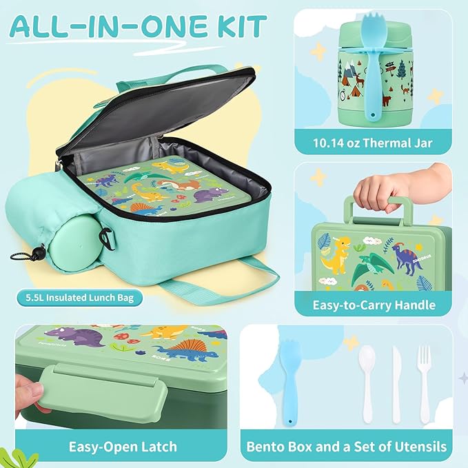 REDSHELL Bento Lunch Box for Kids Set, Leakproof Food Jar Pail with Insulated Bag, Toddler Snack Container Lunchbag for Girls Daycare, Back to School Lunchbox Kit, Includes Bottle Holder Strap, Green