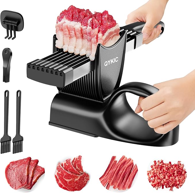 Fresh Meat Slicer with SteadyGrip, Thickness Adjustable 2 or 4 mm, 17 IN 1 Stainless Steel Manual Meat Cutter, Cleaver Kitchen Knife, Jerky Slicer Suit for Chicken Breast Beef Pork (Black)