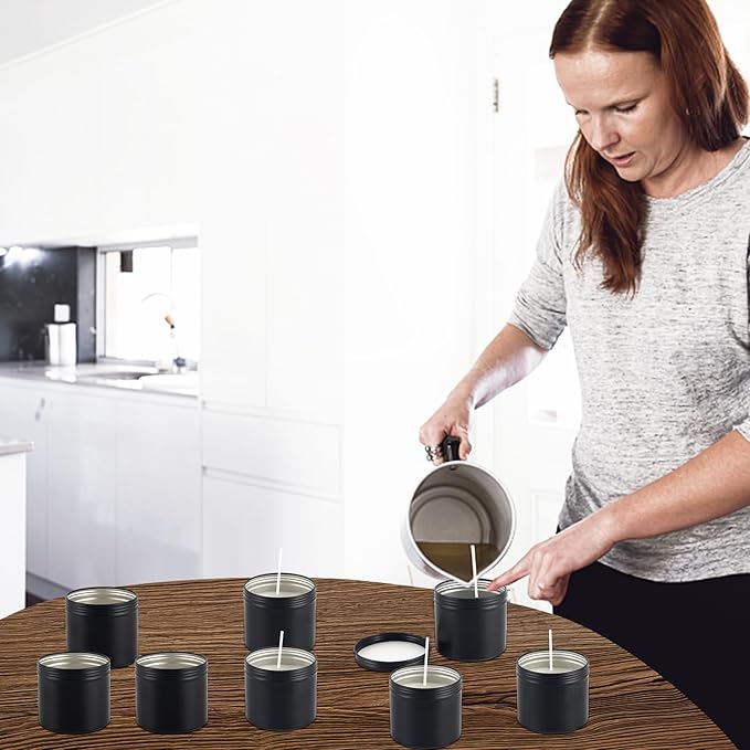 OBKJJ Black Candle Jars 10 oz Matte Tins 24 PCS Metal Candle Containers with Lids Bulk Candle Containers for Balms, Salve, Spices, Beard Balm, Crafts with 4 Markers 6 Sheets Label Stickers (Pack of 2)