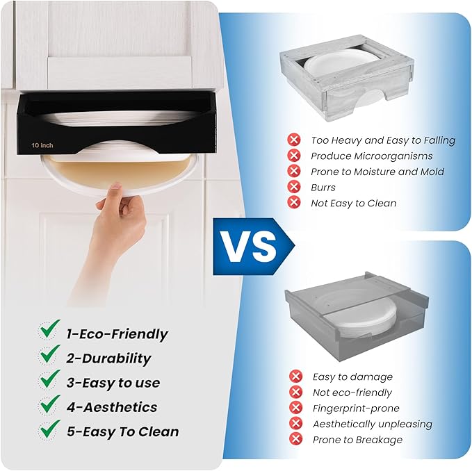 10-inch Paper Plate Dispenser Under Cabinet,Bamboo Paper Plate Holders,Kitchen Counter Vertical Plate Dispensers Holders Countertop Caddy (For 10-inch Plates,Black)