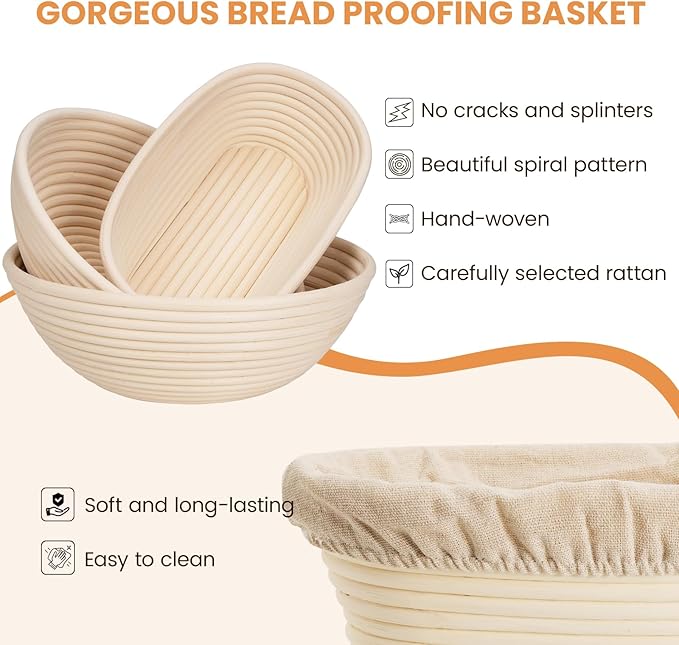 Banneton Bread Proofing Basket, Kikcoin Round Oval Proofing Basket Set of 3 (9" Round & 10" Round & 10" Oval), Sourdough Proofing Basket with Linen Liner, Bread Lame, Metal Scraper