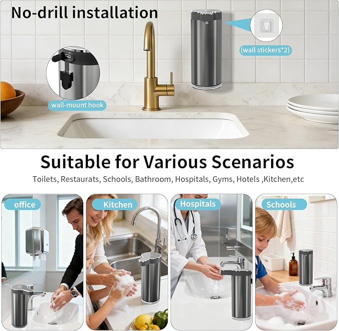 Automatic Liquid Soap Dispenser, 12oz Rechargeable Touchless Soap Dispenser, 4 Levels Adjustable Infrared Sensor Dish Soap Dispenser for Bathroom,Kitchen,Hotel