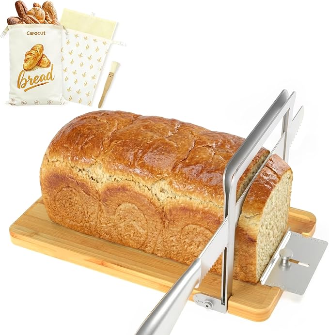 Adjustable Bread Slicer with Knife & Reusable Beeswax Storage Bags, Foldable Wood & Steel Slicing Guide for Homemade Sourdough Loaves up to 6.3”, Easy-Clean Detachable Fresh-Keeping Bags, 2-Pack Bundl