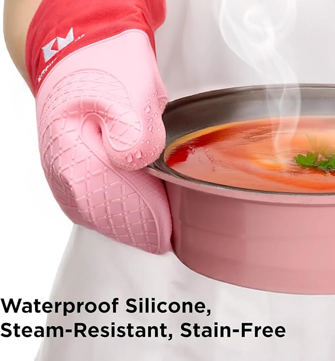 Kitchen Mama UltraShield Silicone Oven Mitts – Heat Resistant, Non-Slip Surface, Durable, Safe, Pot Holders, FlexiblWaterproof Glove Set, Perfect for Cooking, Baking, Grilling, BBQ (Red)