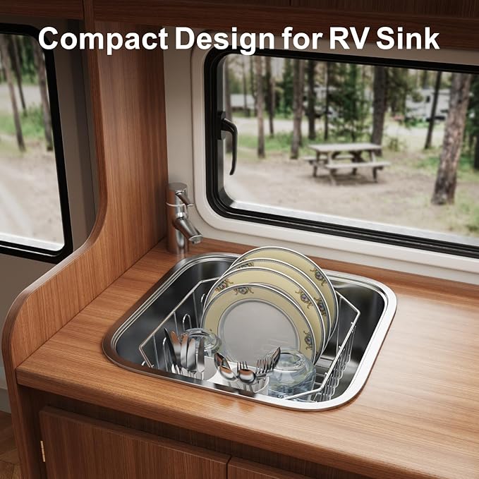 GSlife Small in Sink Dish Drying Rack - Stainless Steel Compact Dish Drainer for RV Kitchen Apartment Sink, Rust Resistant Inside Sink Rack, 1–2 Person Households, 11.6" W x 13.4" L, Silver