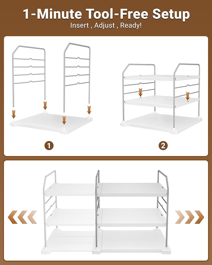 EVERIE Extendable 3-Tier Kitchen Cabinet & Pantry Organizer for Plastic Wrap, Foil & Storage Bags, Adjustable Heavy Duty Shelf Rack for Wrap Boxes, Jars & Snack Boxes (11–16.7 in Wide), Pack of 2